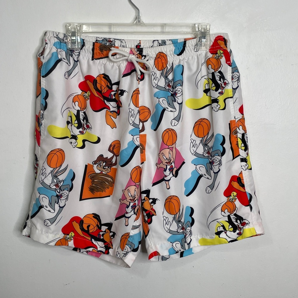 Space Jam Looney Tunes Mens Swim Trunks White All Over Print Bugs‎ Bunny Medium